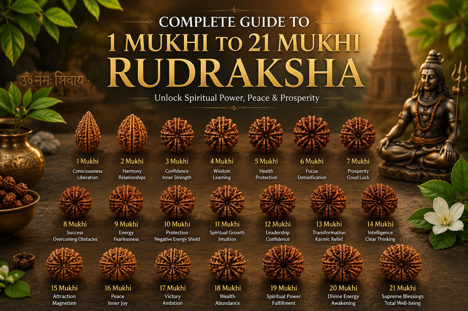 Complete Guide to 1 Mukhi to 21 Mukhi Rudraksha: Meaning, Benefits & Wearing Rules
