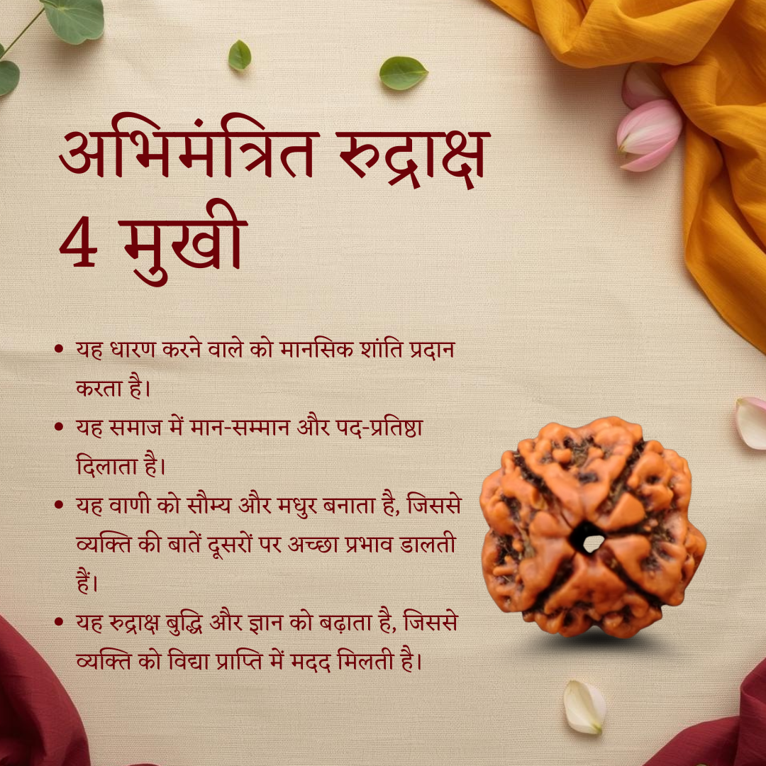 4 Mukhi Rudraksha benefits and Vedic energized Brahma Rudraksha information card