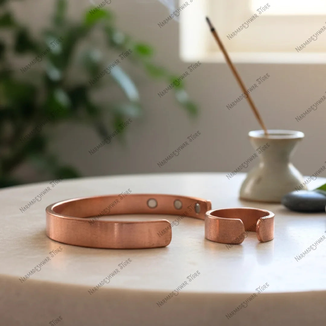 Ayurvedic copper jewelry bracelet ring set for wellness