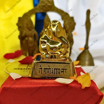 Shri Ganeshay Namah Golden Ganesh Murti Vedic Energized Idol with blurred background
