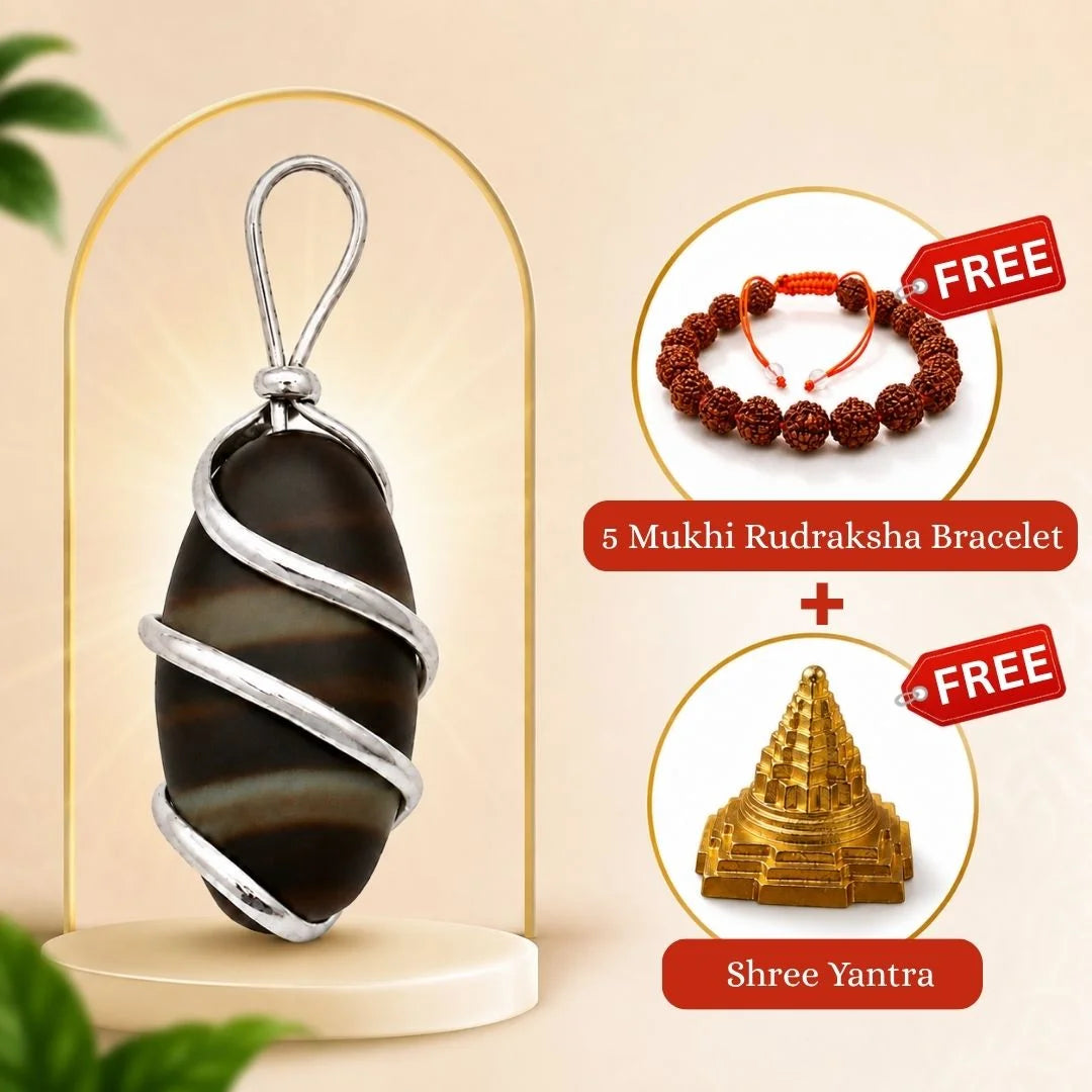 A dark brown and black striped stone pendant wrapped in silver-colored metal, displayed on a stand alongside promotional badges for a 5 Mukhi Rudraksha Bracelet and a Shree Yantra.