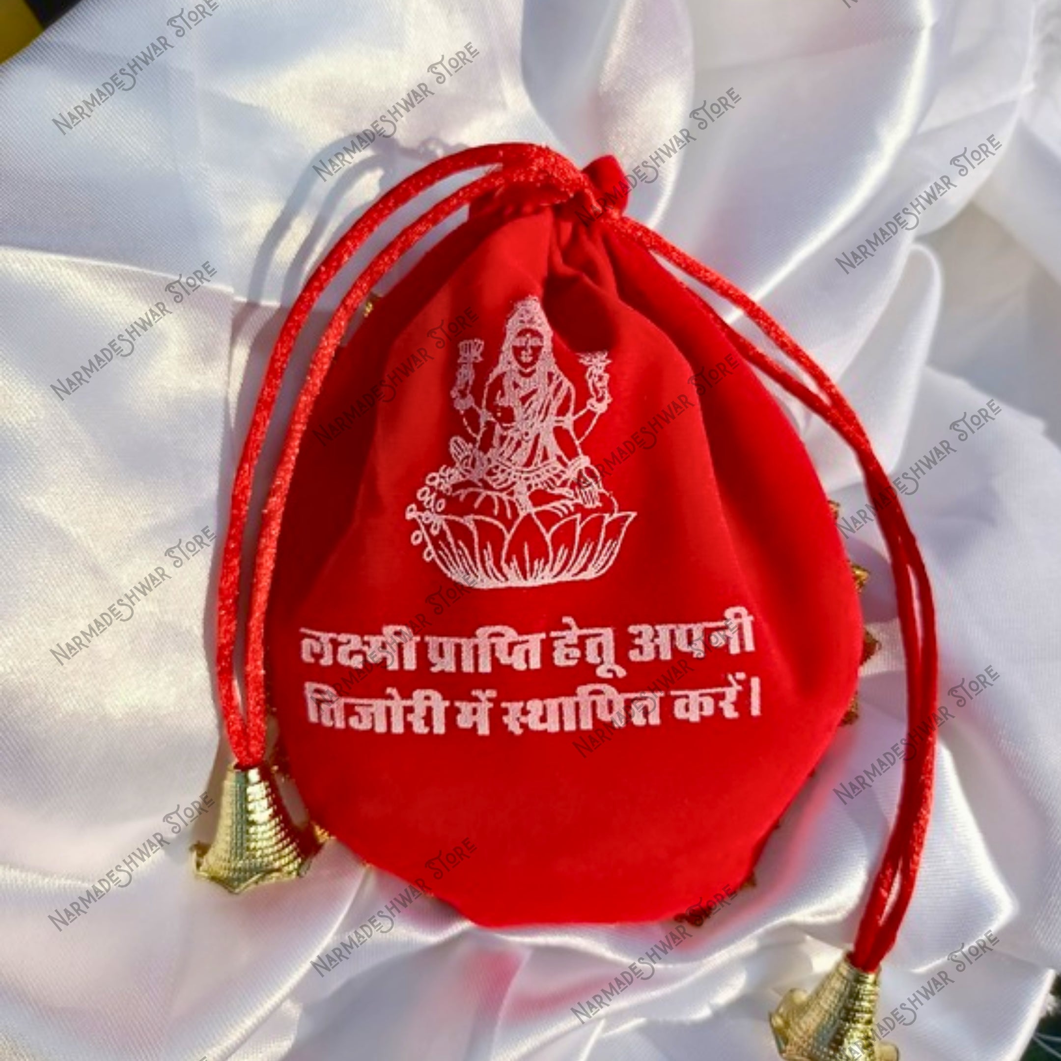 Divya Lakshmi Potli Red drawstring pouch with white text and a deity illustration on a white background