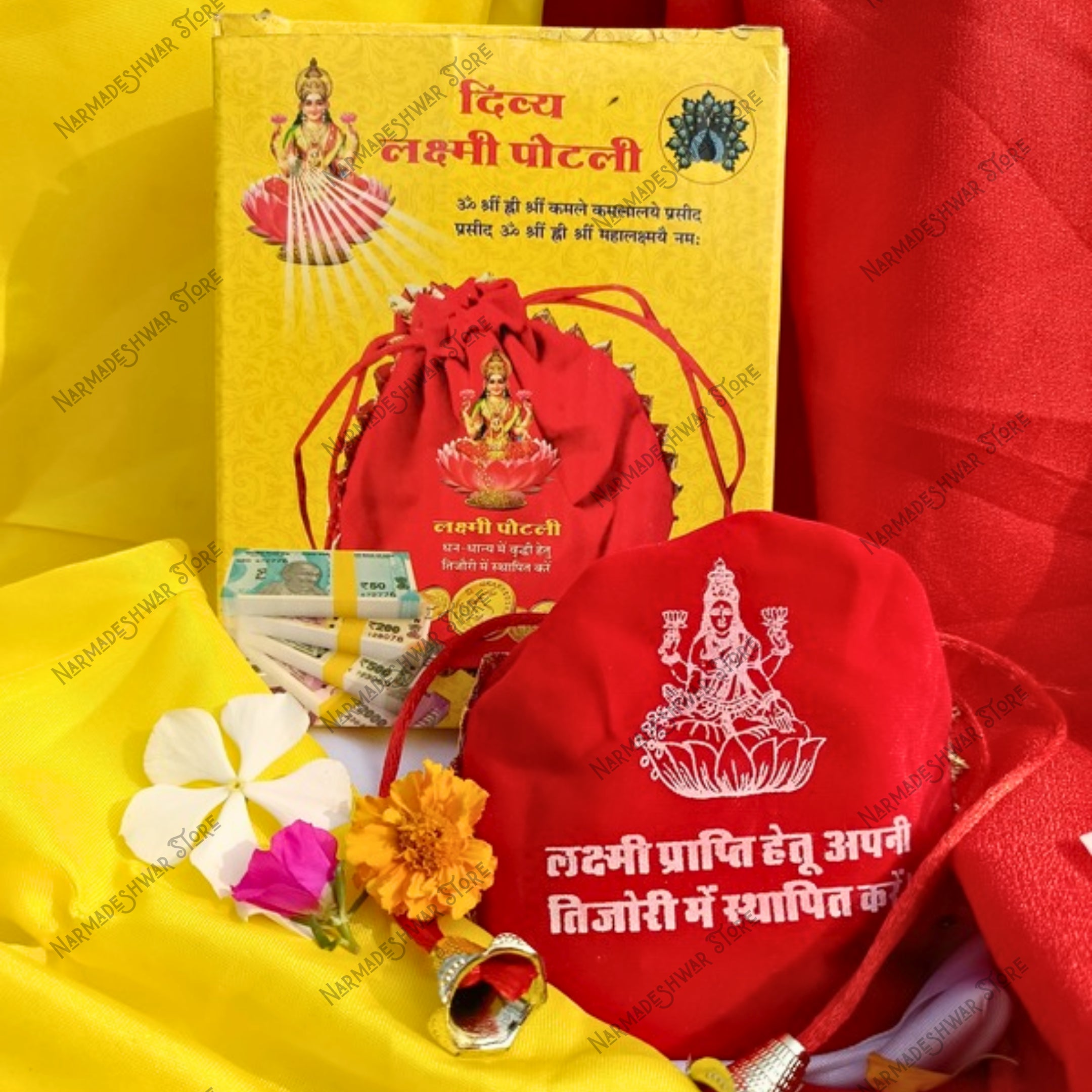 Divya Lakshmi Potli  Red and yellow color with a deity design on a red background