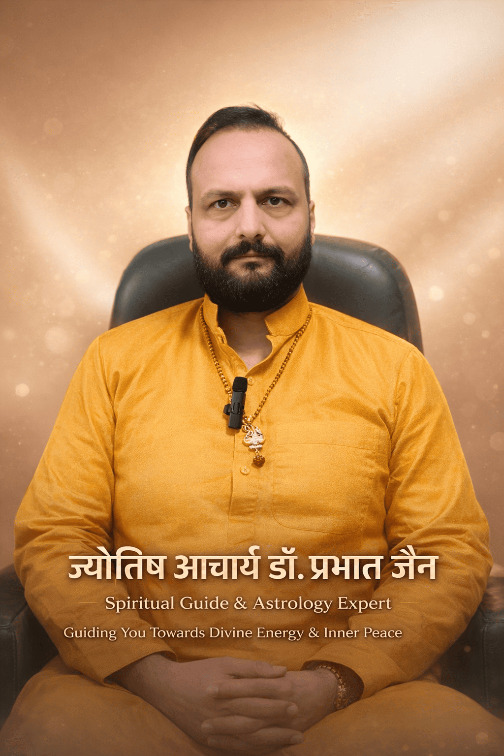 A portrait of a man with a beard wearing a mustard yellow kurta, seated in a black chair against a warm glowing beige background. White text at the bottom reads 'Spiritual Guide & Astrology Expert' with Devanagari text above it.