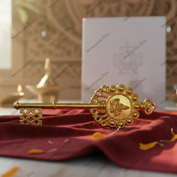 Shri Kuber Key  on a red fabric with a blurred background  vedic Energized for wealth prosperity and business success
