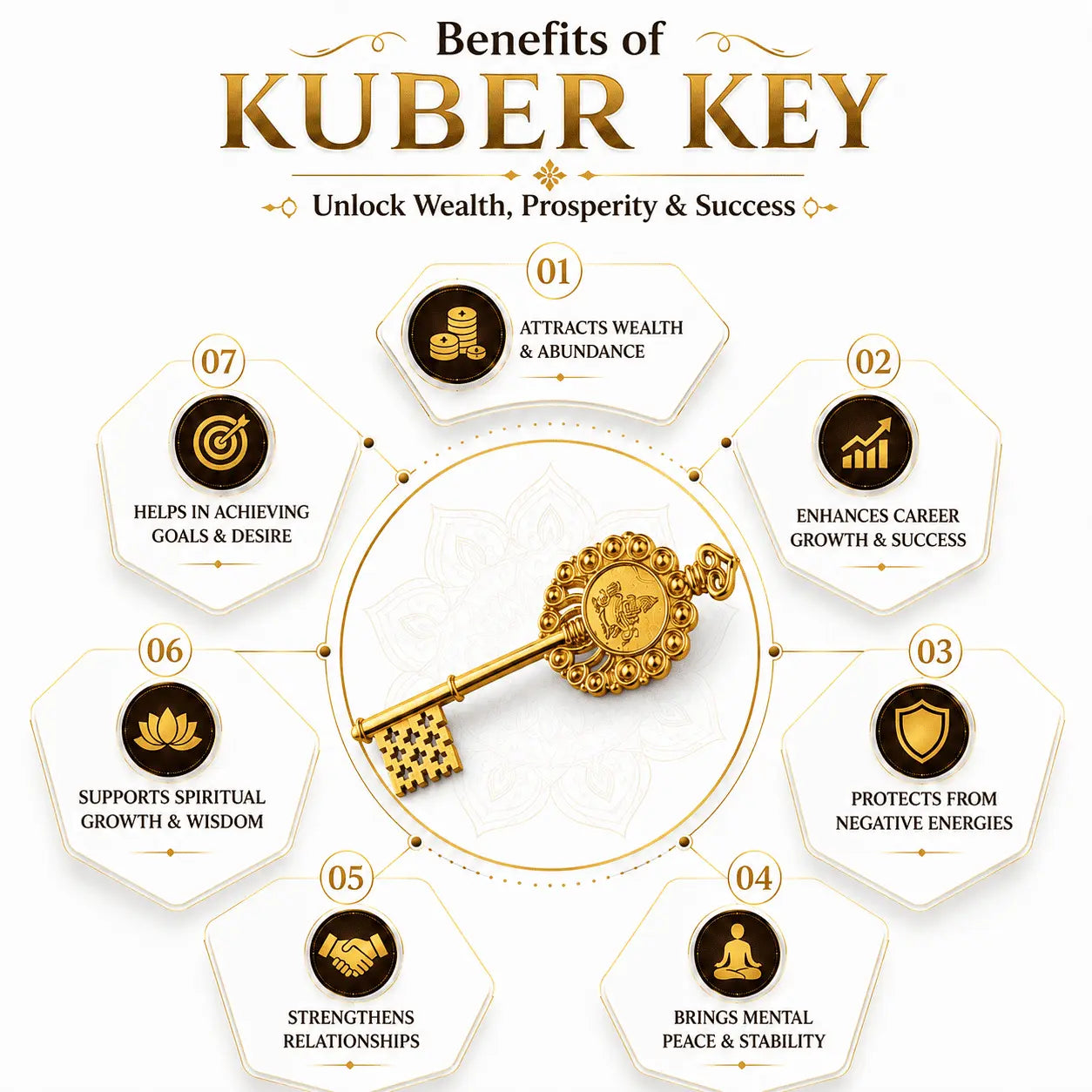 An infographic titled 'Benefits of KUBER KEY' on a white background, showing a large ornate gold key in the center surrounded by eight labeled benefit tiles such as attracts wealth, enhances career growth, protects from negative energies, strengthens relationships, and brings mental peace.