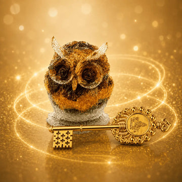 A decorative owl figurine with textured brown and gold feathers and silver glitter accents, posed behind an ornate gold key on a sparkling gold background with glowing circular light effects.