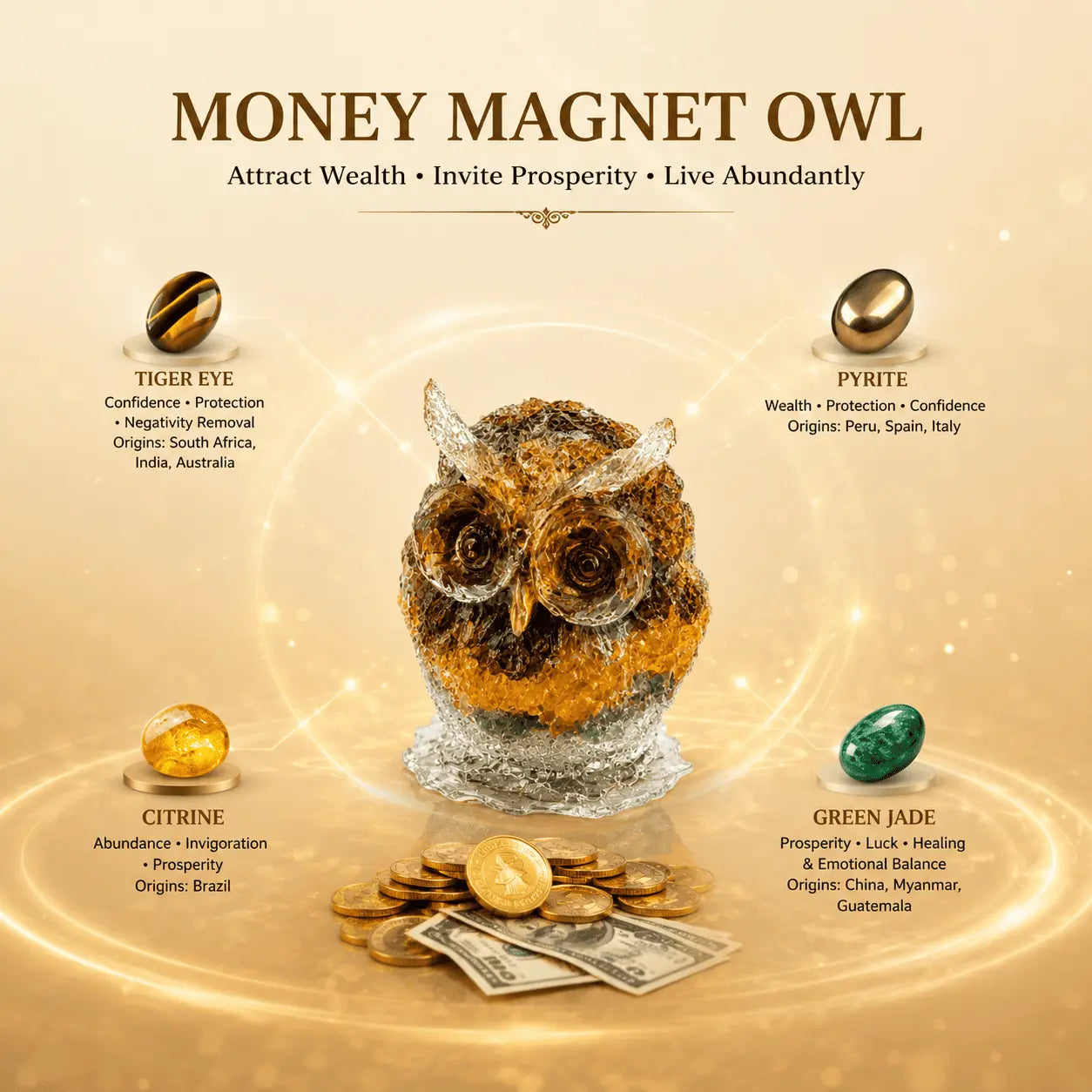 An owl-shaped money magnet with gold and brown feathers, displayed on a metallic base with coins and cash, surrounded by labeled gemstone and eye insets on a warm beige background with the headline 'MONEY MAGNET OWL'.