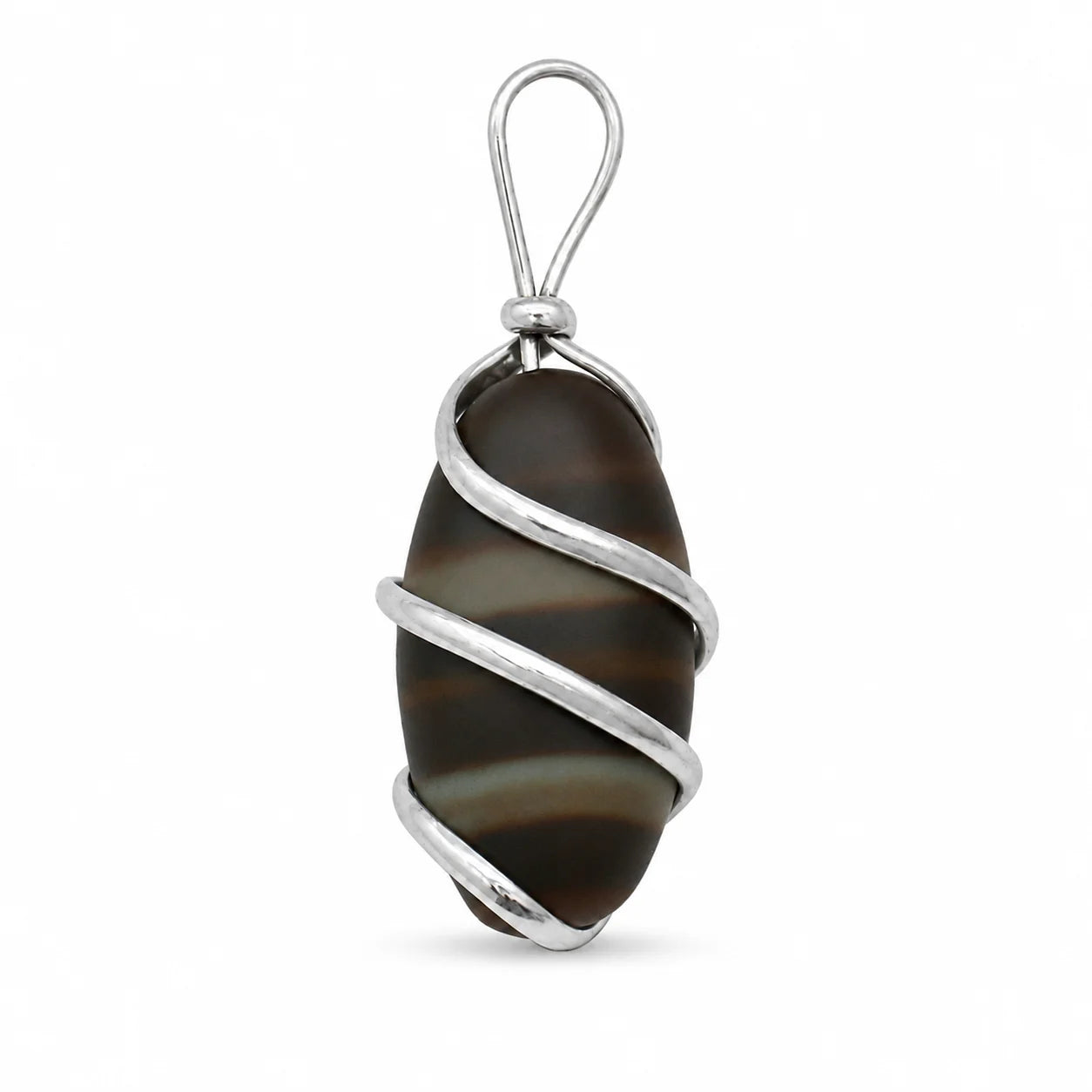 A silver wire-wrapped pendant featuring a polished, elongated dark brown and black agate stone with natural banding, suspended from a silver loop on a white background.