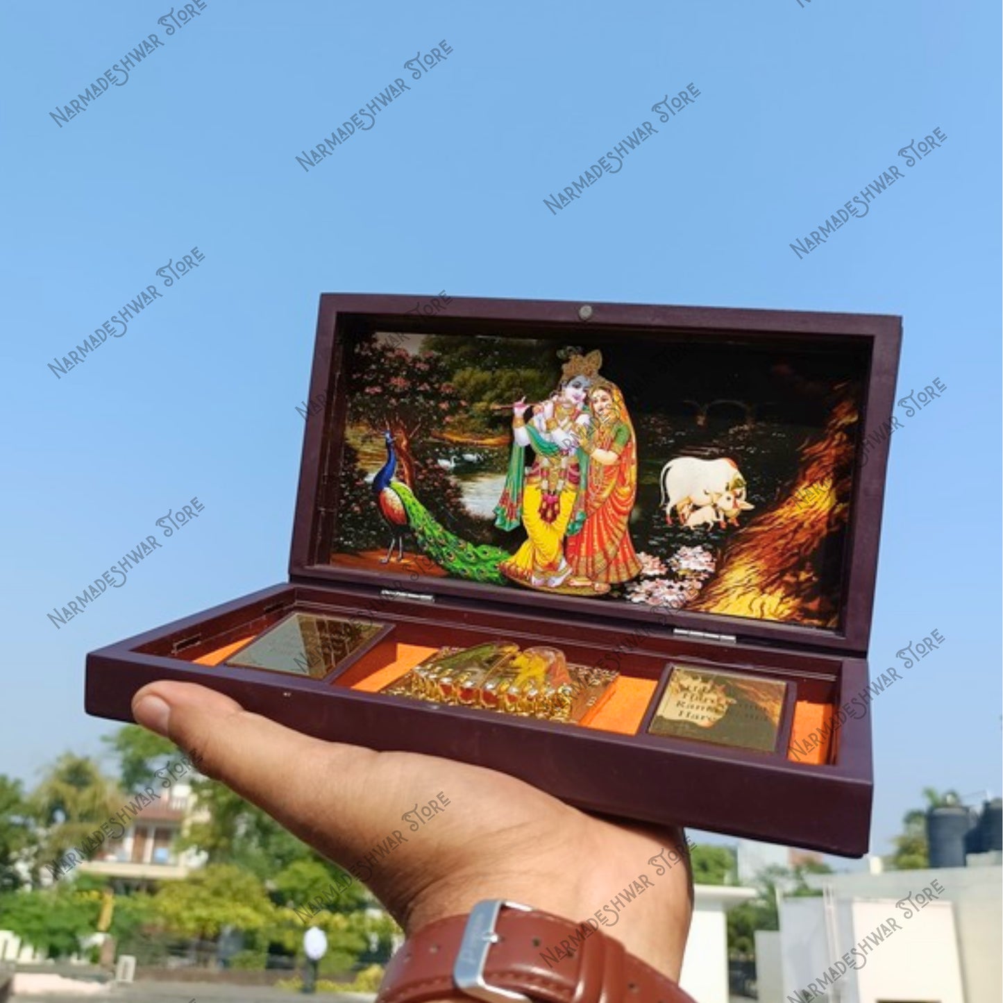 Radha Krishna Portable Pooja Temple, Radha Krishna Travel Temple Box, Narmadeshwar Store Radha Krishna Mandir, Portable Radha Krishna Mandir, Radha Krishna Wooden Temple Box, Vrindavan Radha Krishna Pooja Box, Travel Pooja Temple Radha Krishna, Radha Krishna Car Temple Box, Divine Radha Krishna Pooja Mandir, Radha Krishna Darshan Box, Spiritual Gift Radha Krishna, Radha Krishna Swarna Darshan Box, Home Temple Radha Krishna, Radha Krishna Premium Pooja Box, Portable Vrindavan Mandir
