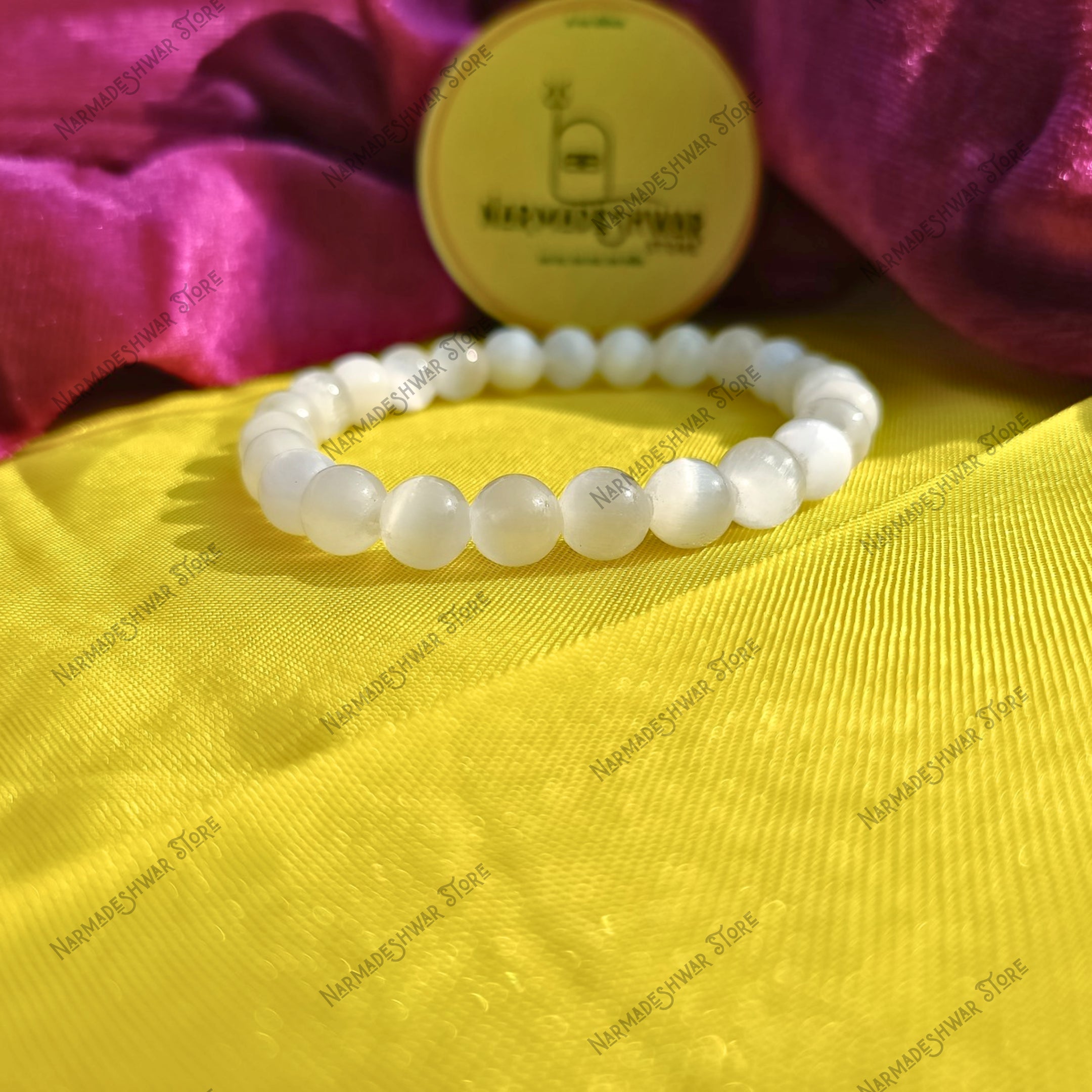 Close up Selenite bracelet beads milky white crystal