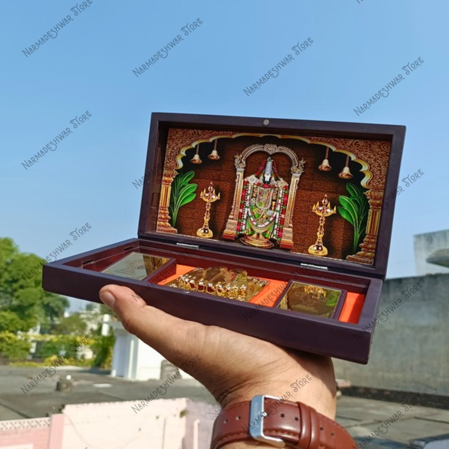 Tirupati Balaji Portable Pooja Temple by Narmadeshwar Store – Premium Travel Mandir Box with Golden Tirupati Idol, Compact Home & Car Temple for Daily Worship. 