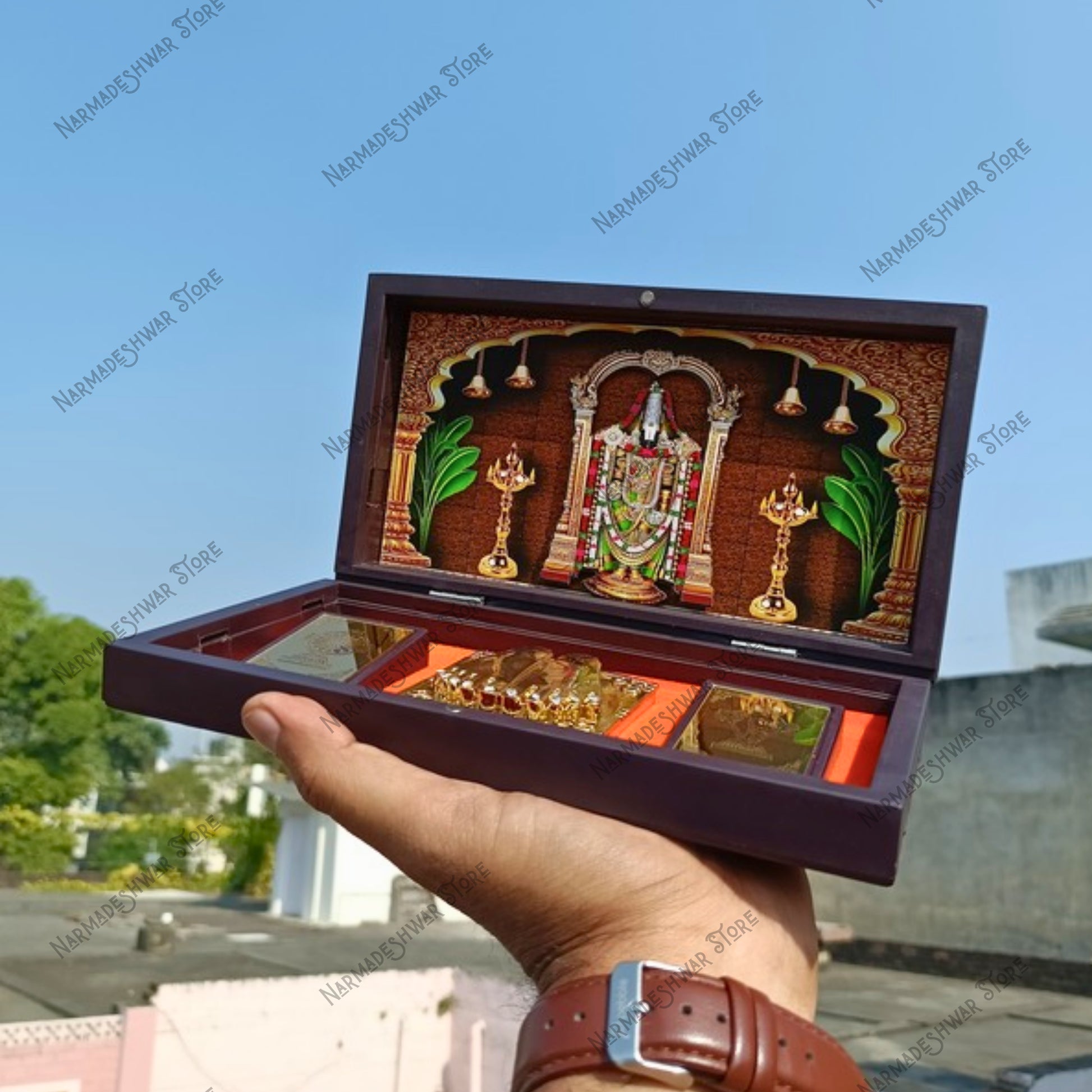Tirupati Balaji Portable Pooja Temple by Narmadeshwar Store – Premium Travel Mandir Box with Golden Tirupati Idol, Compact Home & Car Temple for Daily Worship. 