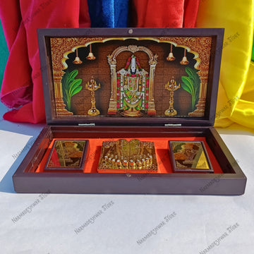 Tirupati Balaji Portable Pooja Temple with intricate designs and colorful elements on a multicolored fabric background.
