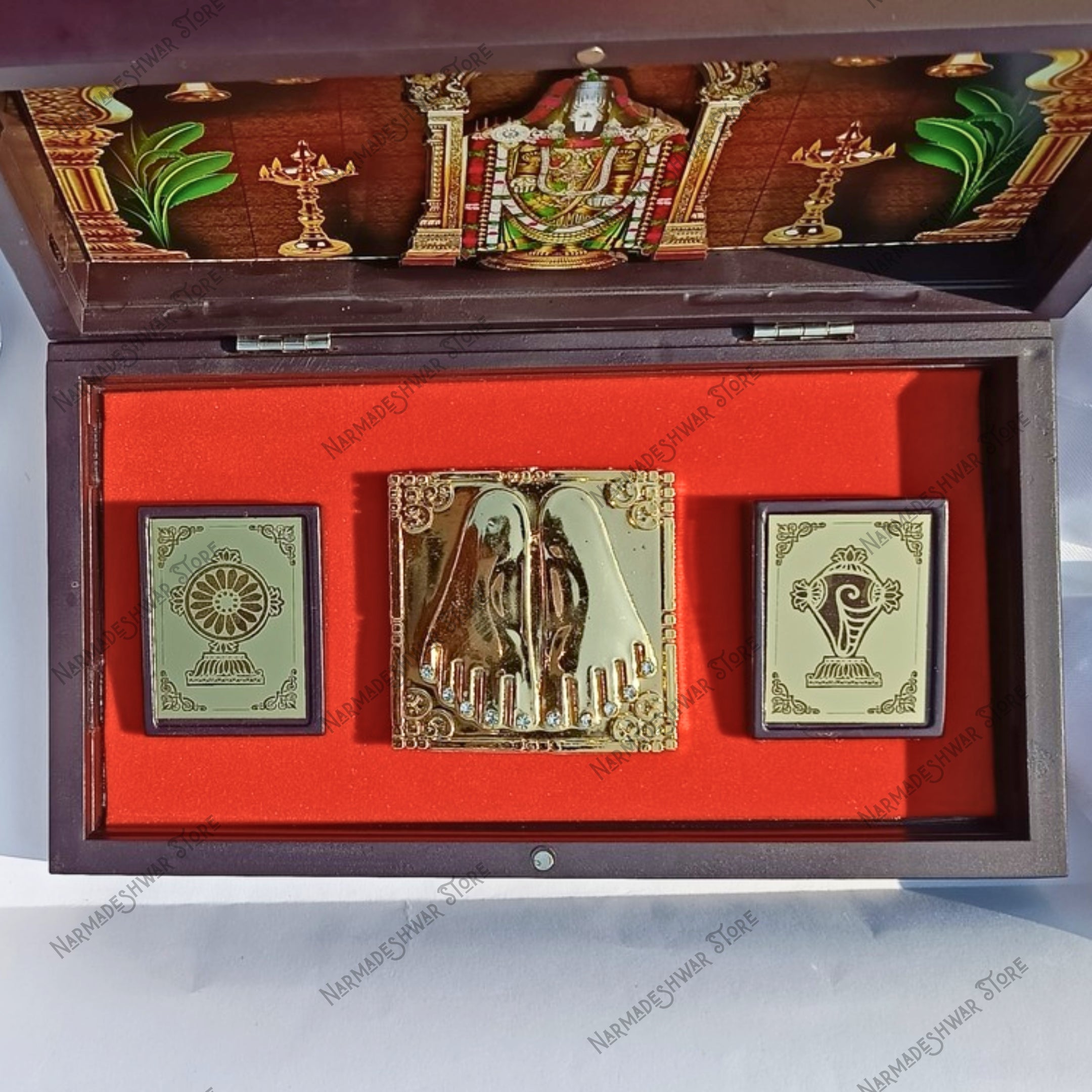 Tirupati Balaji Portable Pooja Temple  with intricate carvings and three framed images on a red background.