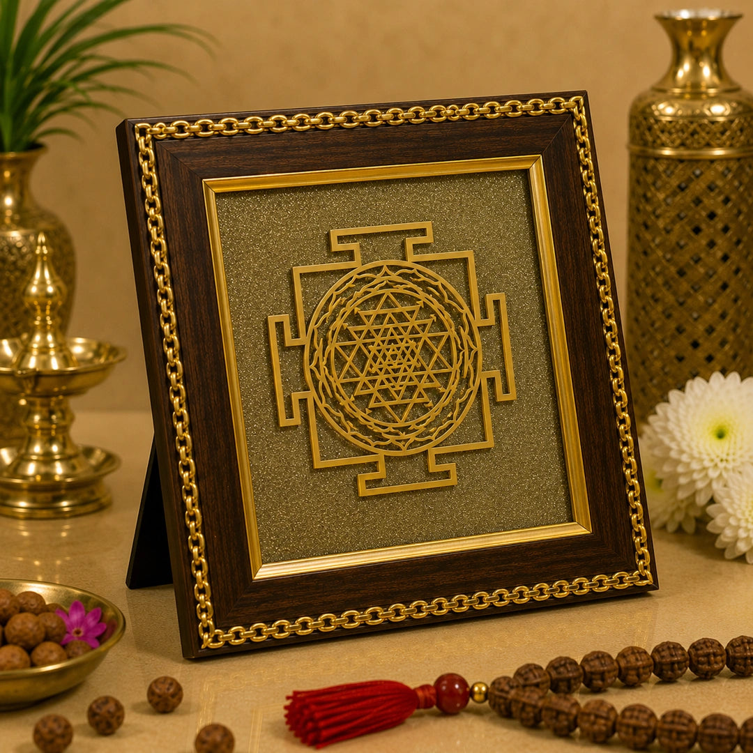 Sacred Shree Yantra Golden Wall Frame for Financial Growth, Lakshmi Blessings & Vastu Harmony | Spiritual Decor for Home, Shop & Workspace