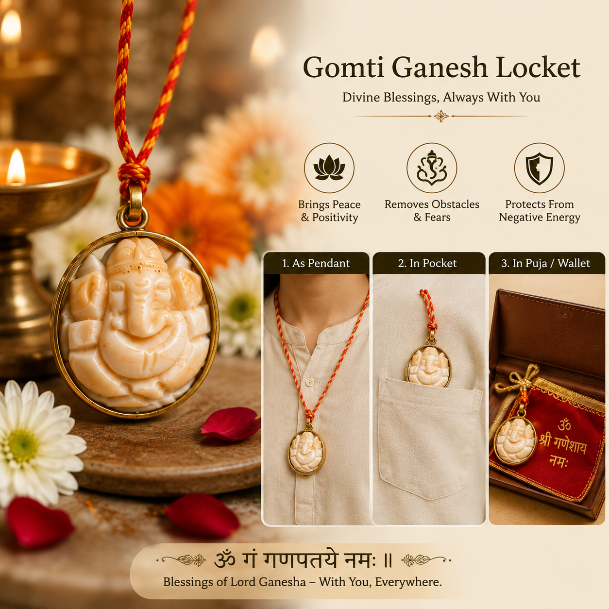 An oval Gomti Ganesh locket pendant carved with Lord Ganesha, hanging from a red cord, shown on a styled background with candles, flowers, and inset panels demonstrating its use as a pendant, in pocket, and inside a box.